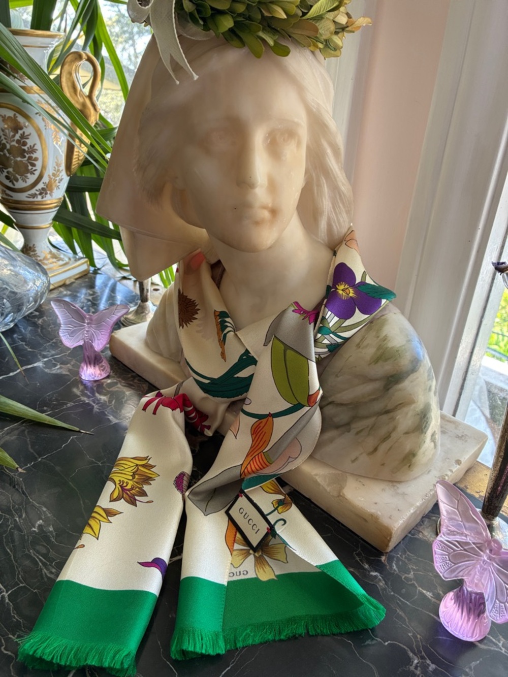 Gucci Cream Floral Silk Scarf with Green Border